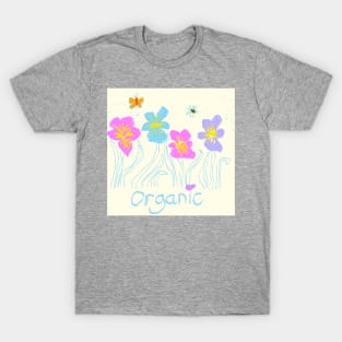 Organic Iris Flowers in the Garden with Bee Pattern T-Shirt